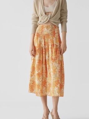 Orange Floral Smocked Midi Skirt